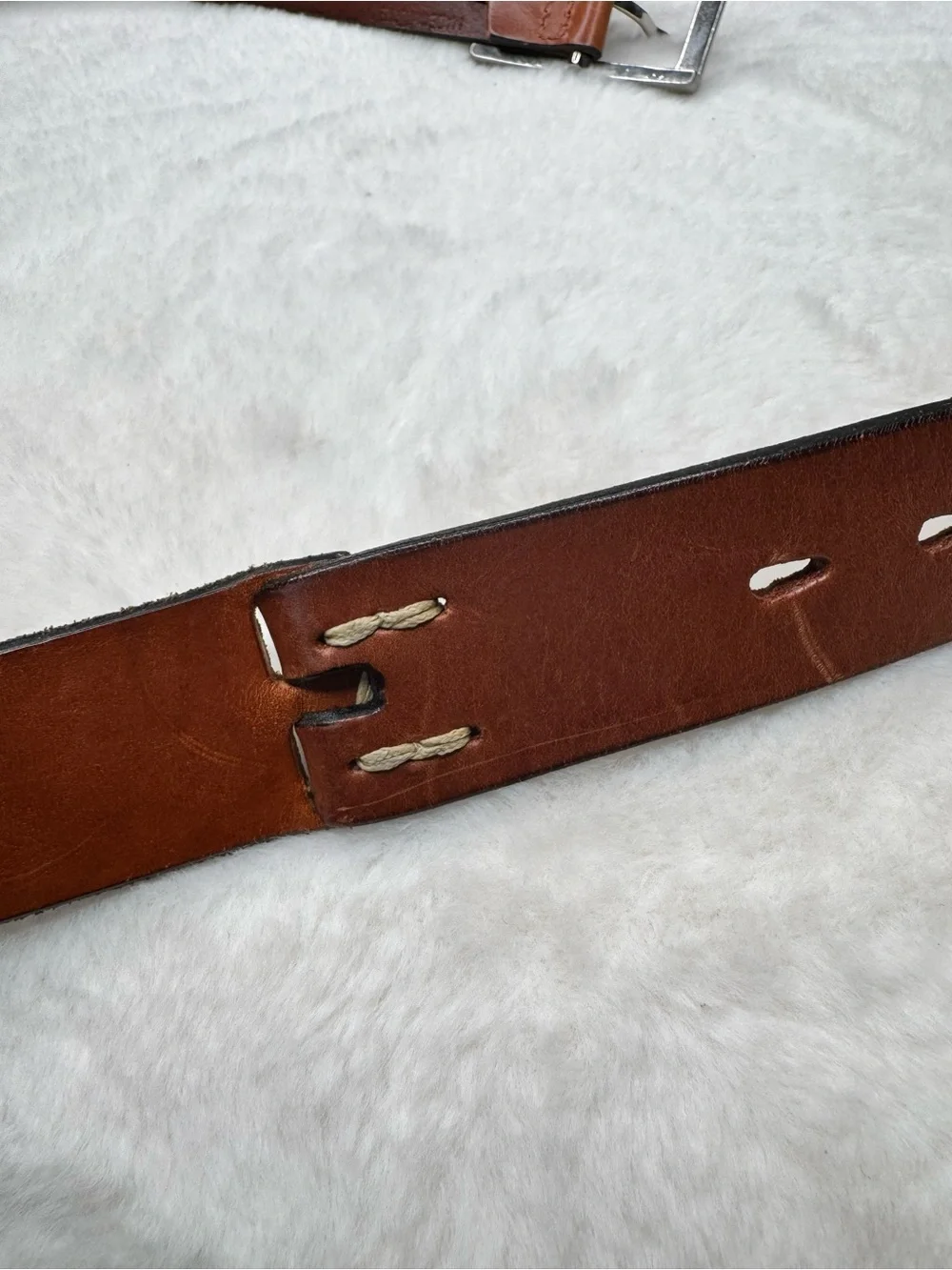 Cole Haan Genuine Leather Brown Belt Silver Rectangle Buckle Size 34/35